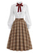 [Prevendita] 2PCS Camicetta Bianca Anni '40 in Pizzo con Colletto Volant e Gonna Marrone a Quadri Plissettata 3