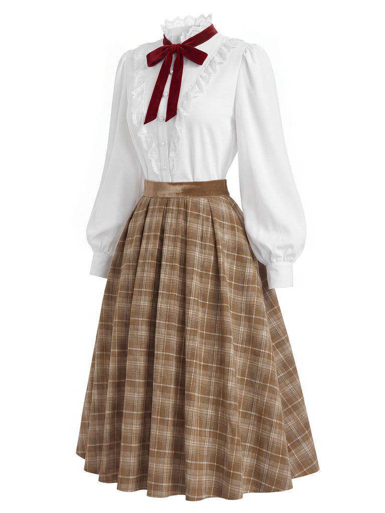 [Prevendita] 2PCS Camicetta Bianca Anni '40 in Pizzo con Colletto Volant e Gonna Marrone a Quadri Plissettata 4