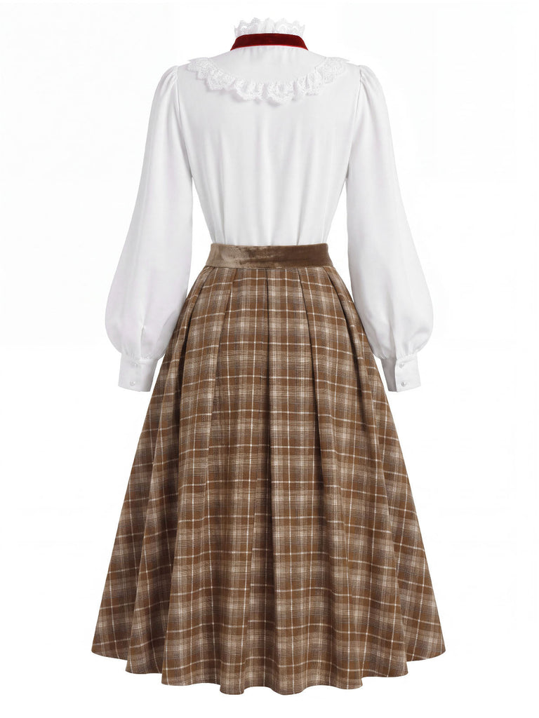 [Prevendita] 2PCS Camicetta Bianca Anni '40 in Pizzo con Colletto Volant e Gonna Marrone a Quadri Plissettata 5