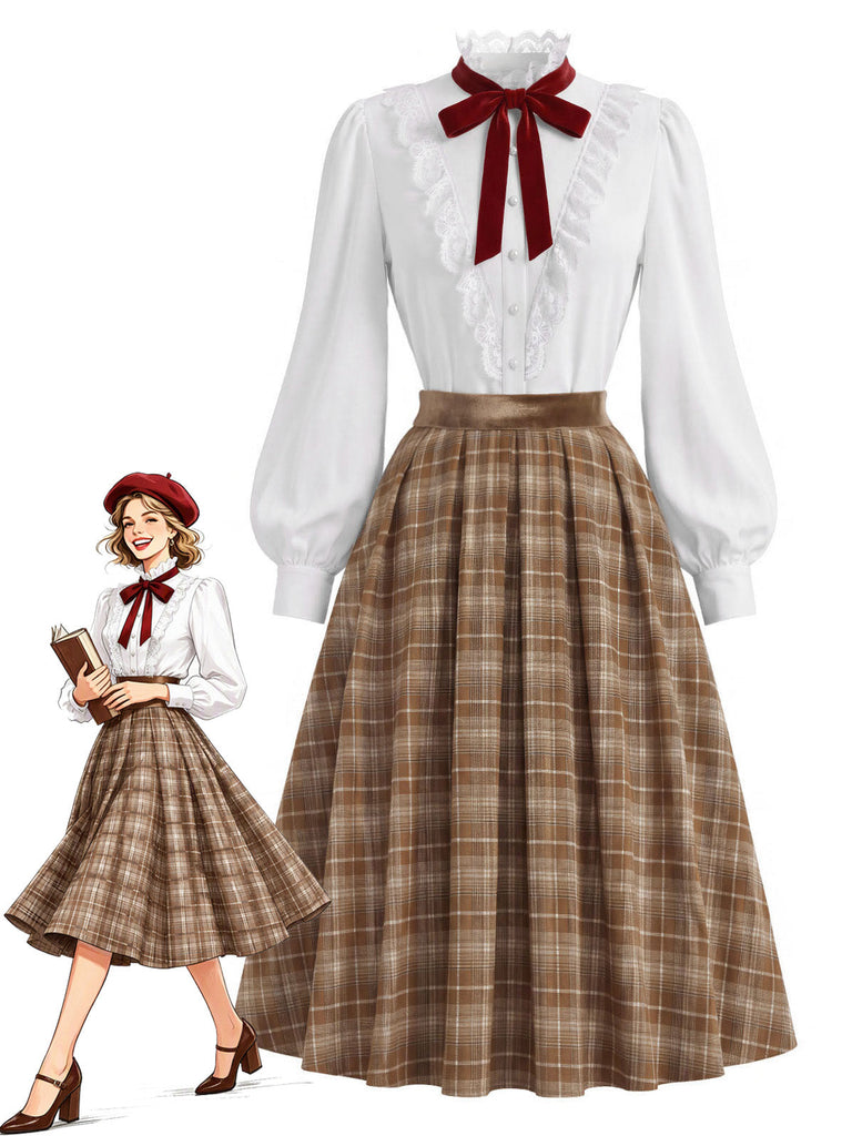 [Prevendita] 2PCS Camicetta Bianca Anni '40 in Pizzo con Colletto Volant e Gonna Marrone a Quadri Plissettata