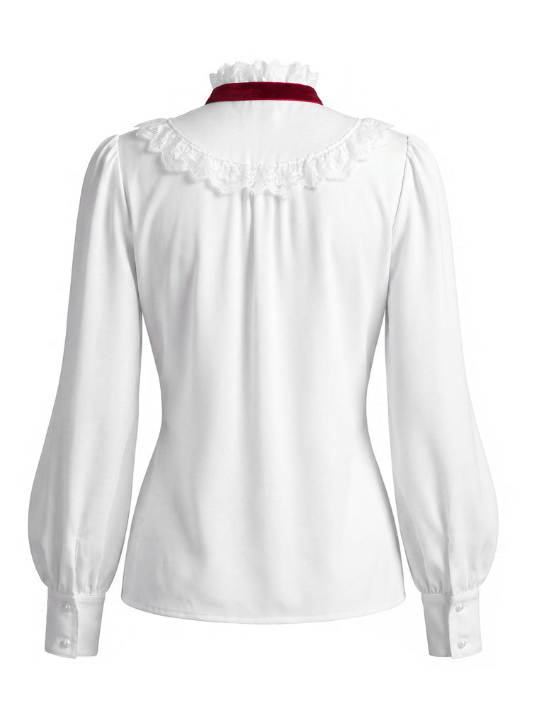 [Prevendita] 2PCS Camicetta Bianca Anni '40 in Pizzo con Colletto Volant e Gonna Marrone a Quadri Plissettata 8