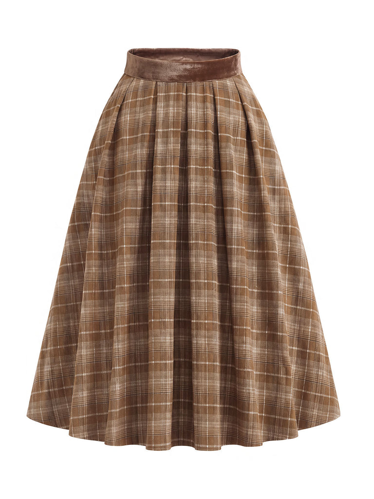 [Prevendita] 2PCS Camicetta Bianca Anni '40 in Pizzo con Colletto Volant e Gonna Marrone a Quadri Plissettata 12