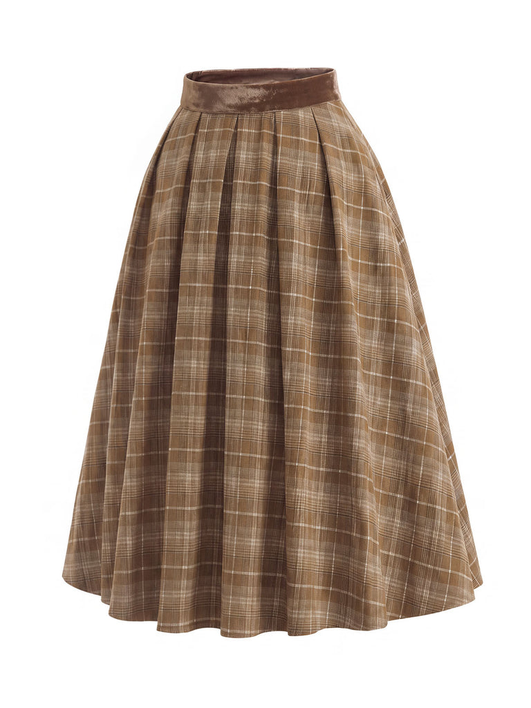 [Prevendita] 2PCS Camicetta Bianca Anni '40 in Pizzo con Colletto Volant e Gonna Marrone a Quadri Plissettata 13