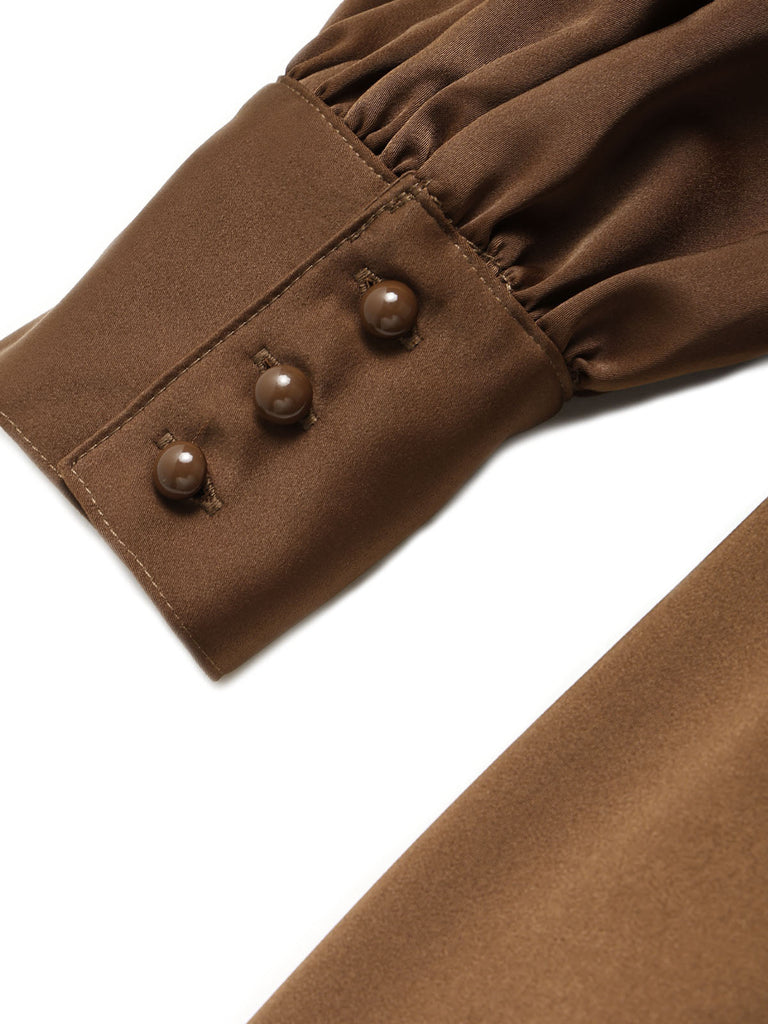 [Prevendita] Abito anni '70 marrone in raso con scollo drappeggiato e pannelli in pizzo 5