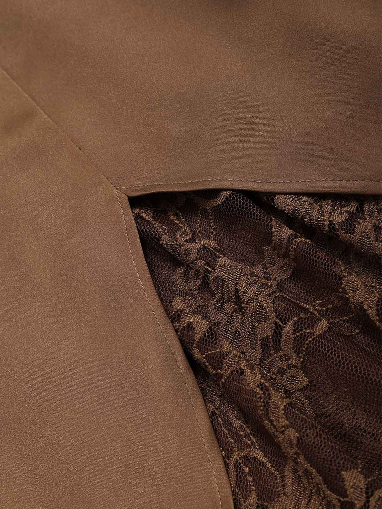 [Prevendita] Abito anni '70 marrone in raso con scollo drappeggiato e pannelli in pizzo 7