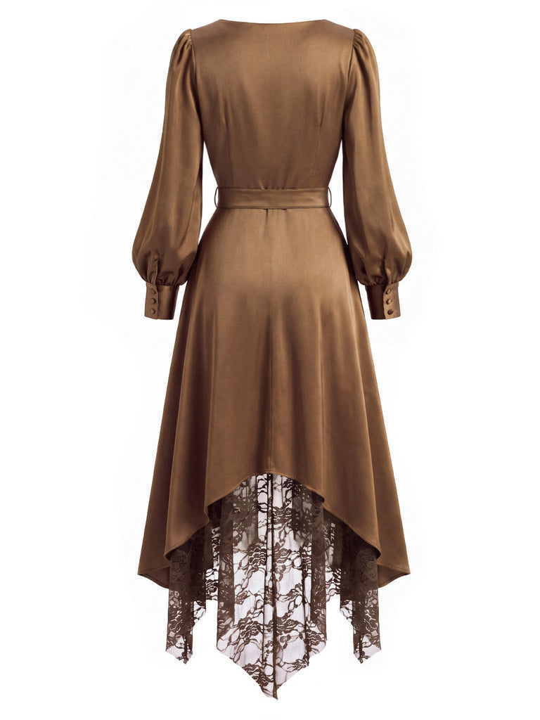 [Prevendita] Abito anni '70 marrone in raso con scollo drappeggiato e pannelli in pizzo 4