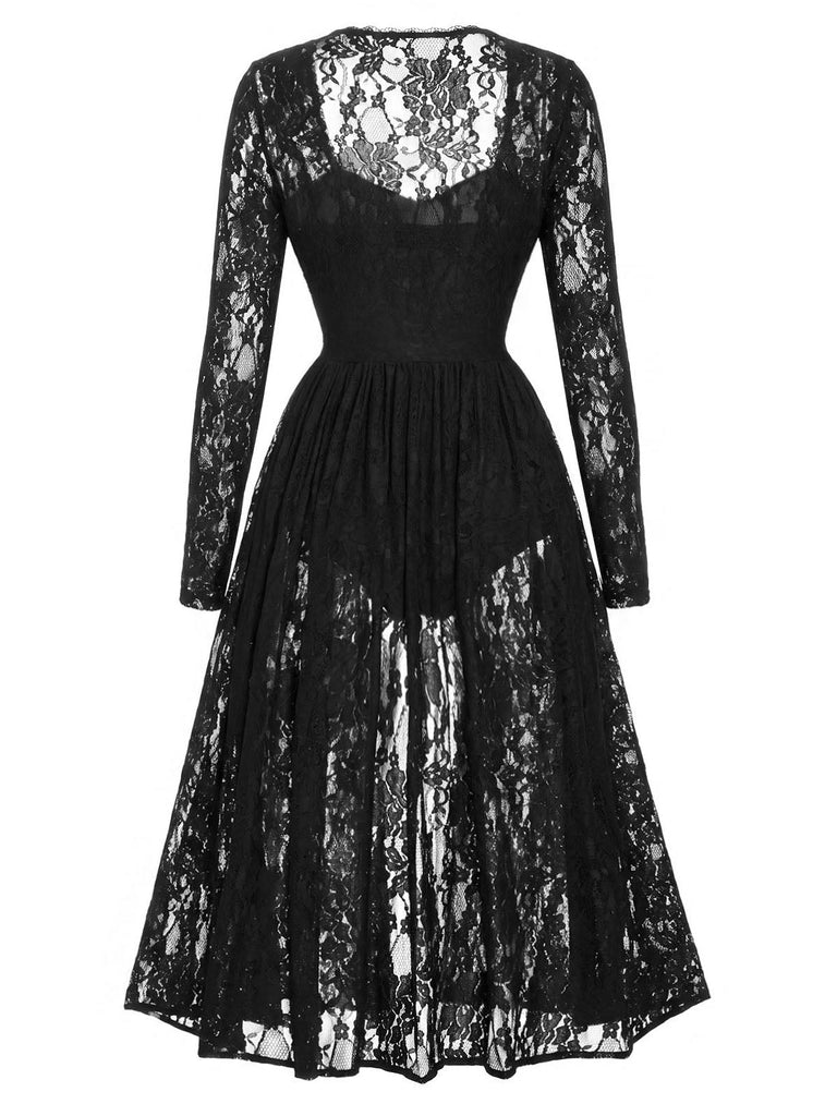 [Prevendita] Camicia da Notte Nero Anni '50 Floreale in Pizzo Body 4