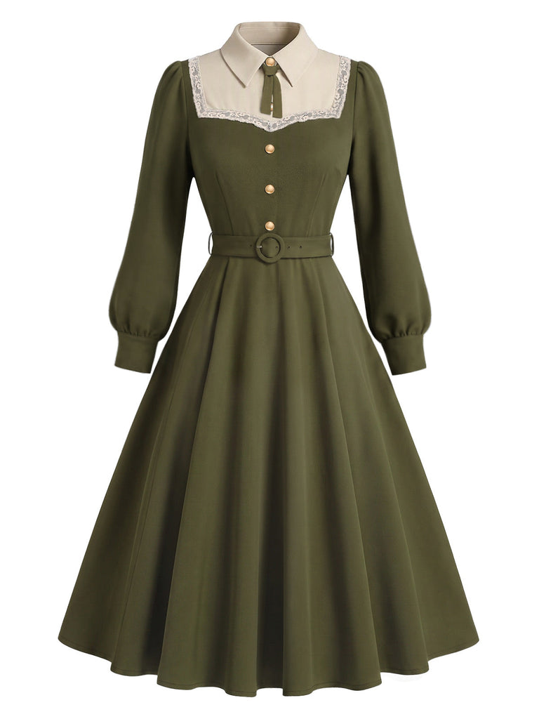 [Prevendita] Abito Verde Oliva Scuro Anni '40 in Pizzo con Bottoni con Fiocco con Lacci con Cintura 2