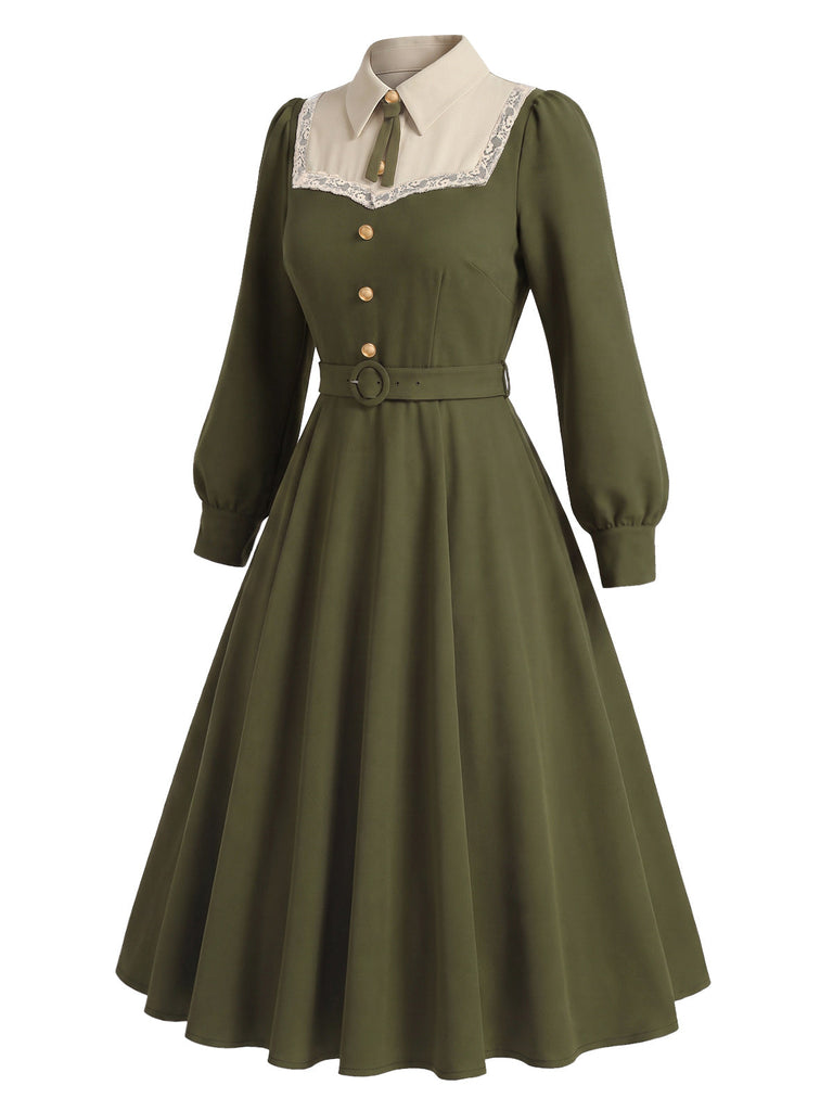 [Prevendita] Abito Verde Oliva Scuro Anni '40 in Pizzo con Bottoni con Fiocco con Lacci con Cintura 3