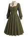 [Prevendita] Abito Verde Oliva Scuro Anni '40 in Pizzo con Bottoni con Fiocco con Lacci con Cintura 3