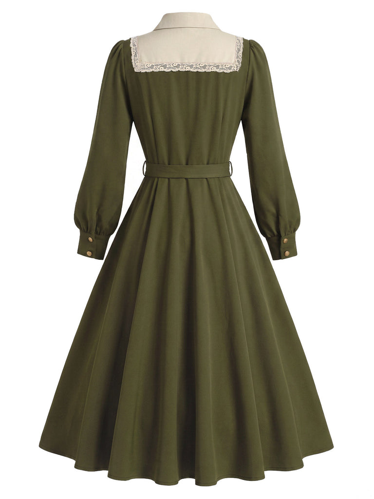 [Prevendita] Abito Verde Oliva Scuro Anni '40 in Pizzo con Bottoni con Fiocco con Lacci con Cintura 4