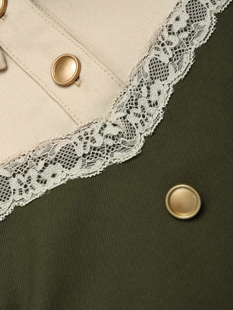 [Prevendita] Abito Verde Oliva Scuro Anni '40 in Pizzo con Bottoni con Fiocco con Lacci con Cintura 7