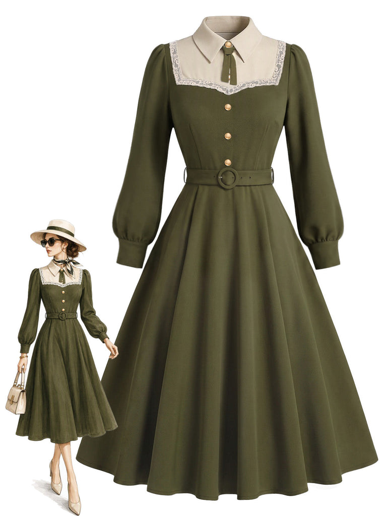 [Prevendita] Abito Verde Oliva Scuro Anni '40 in Pizzo con Bottoni con Fiocco con Lacci con Cintura