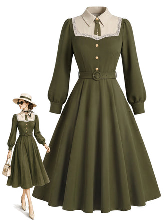 [Prevendita] Abito Verde Oliva Scuro Anni '40 in Pizzo con Bottoni con Fiocco con Lacci con Cintura