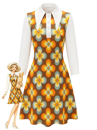 [Prevendita] Abito anni '60 arancione con fiori e colletto a punta oversize e linea A