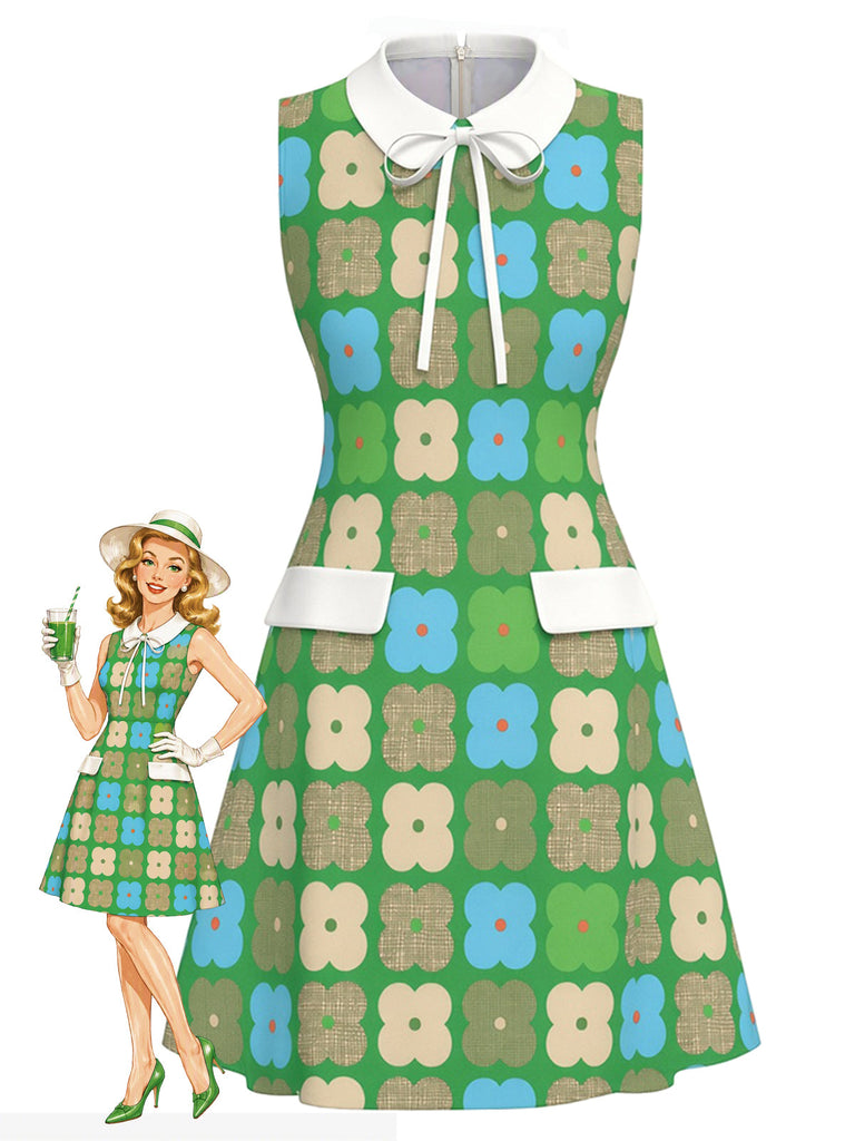 [Prevendita] Abito Verde Brillante Anni '60 Floreale Colletto Peter Pan con Fiocco