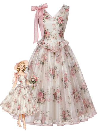 [Prevendita] Abito Rosa Anni '50 Floreale con Fiocco Accent in Rete