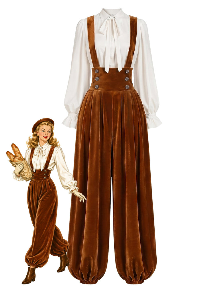 [Prevendita] 2PCS Pantaloni Harem Marrone Chiaro Anni '70 in Velluto con Bretelle e Camicetta Bianca