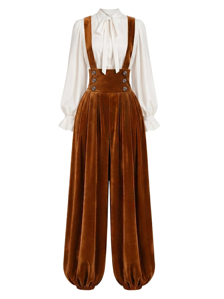 [Prevendita] 2PCS Pantaloni Harem Marrone Chiaro Anni '70 in Velluto con Bretelle e Camicetta Bianca 2