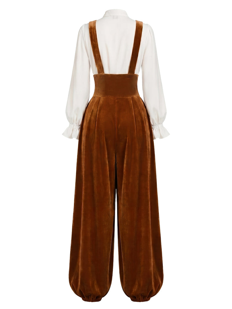 [Prevendita] 2PCS Pantaloni Harem Marrone Chiaro Anni '70 in Velluto con Bretelle e Camicetta Bianca 3