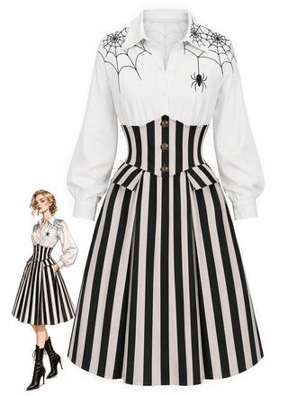 Abito Nero e Bianco Anni '30 Halloween a Righe Verticali con Stampa Ragnatela
