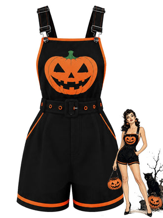 Tuta Corta Salopette Nera Anni '60 Halloween a Zucca con Tasche