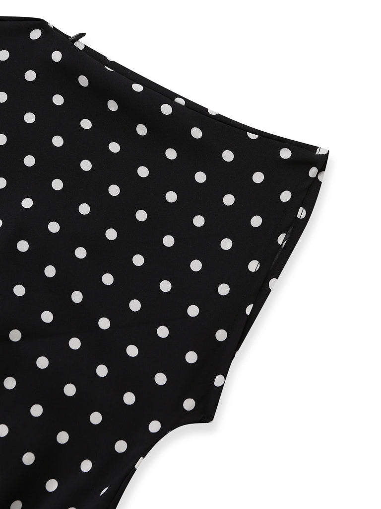 Tuta Lunga Nero Anni '50 Spalle Scoperte a Pois con Fiocco con Lacci 4