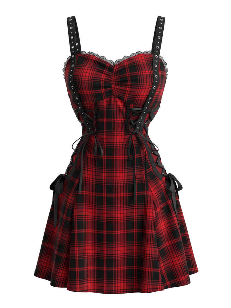 [Prevendita] Abito Rosso Anni '50 e Nero a Quadri con Spalline Sottili per Halloween