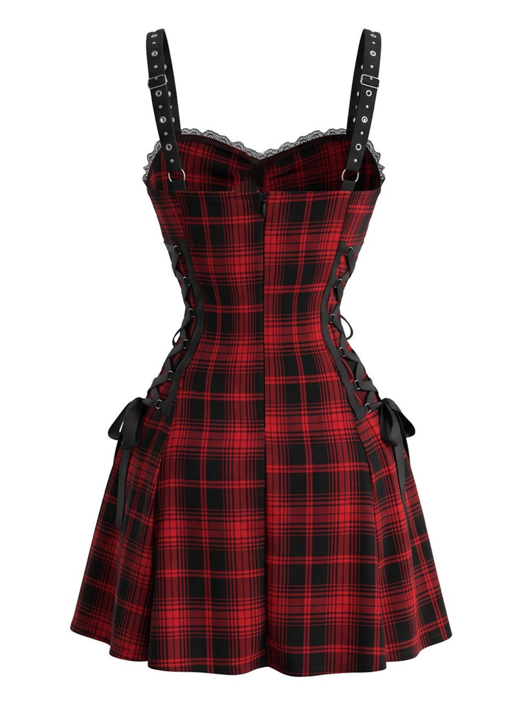 [Prevendita] Abito Rosso Anni '50 e Nero a Quadri con Spalline Sottili per Halloween