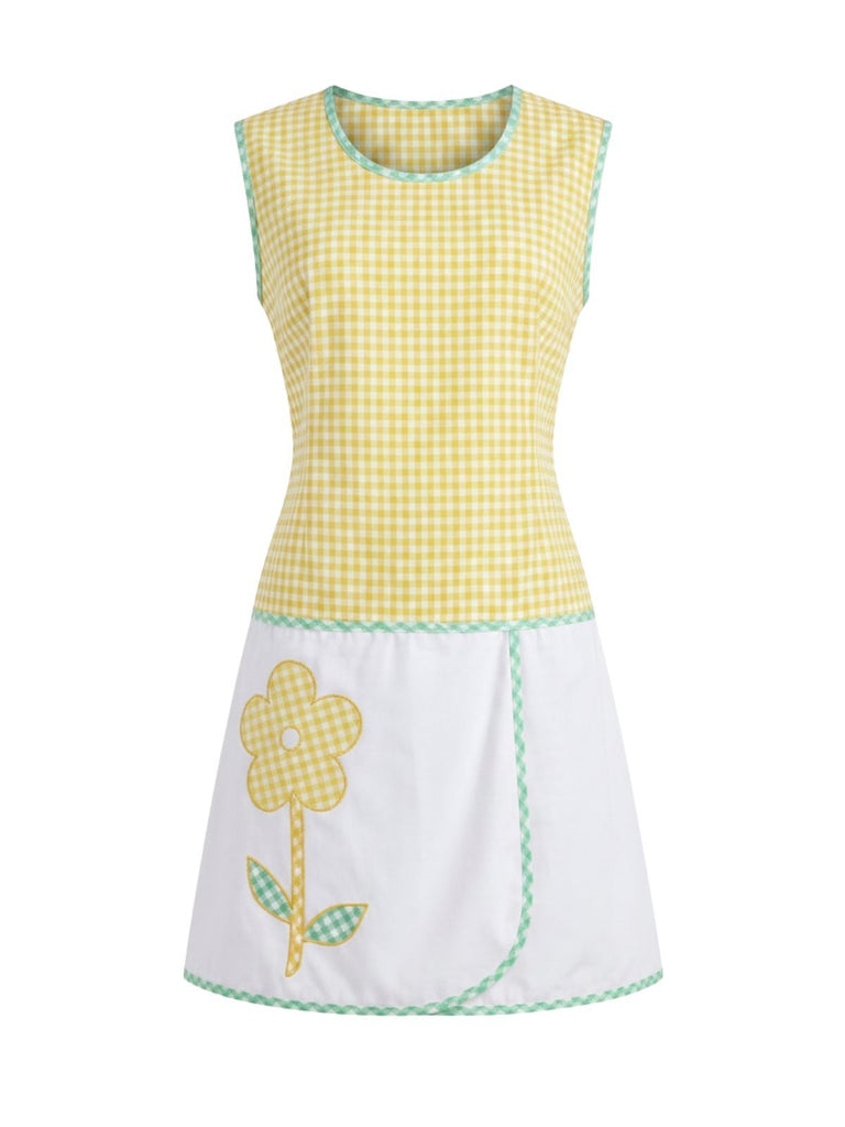[Prevendita] Abito Giallo Anni '60 Vichy Floreale Patchwork Contrast Green Piping