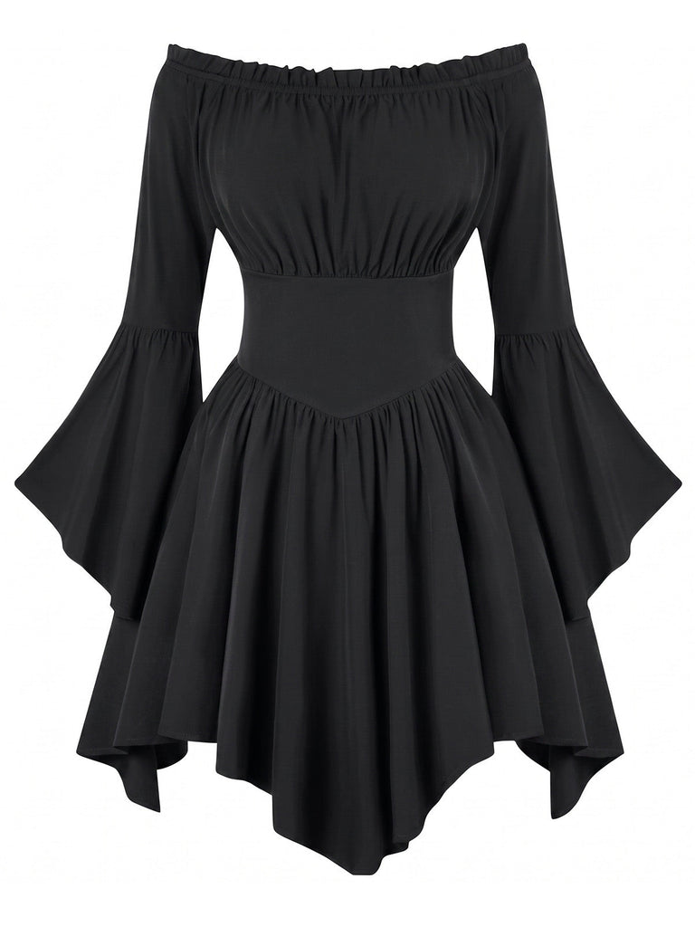 Abito Nero Anni '40 Spalle Scoperte Batwing Manica Cinched Waist Smock