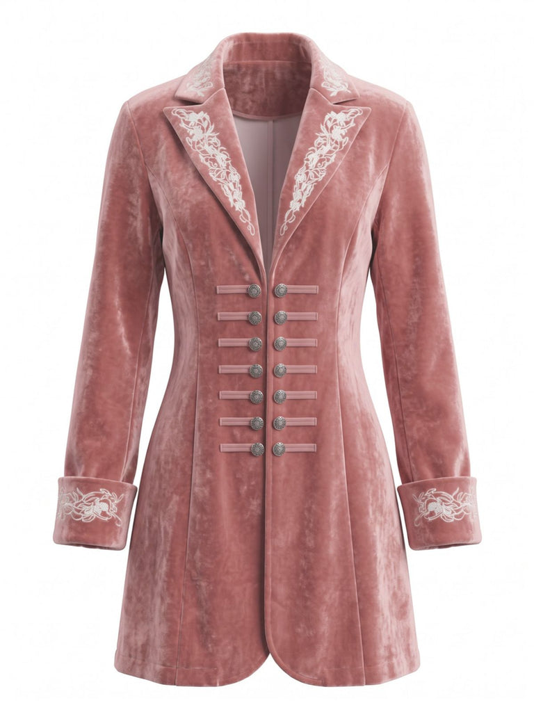 Giacca lunga anni '50 rosa in velluto con revers e fiori ricamati