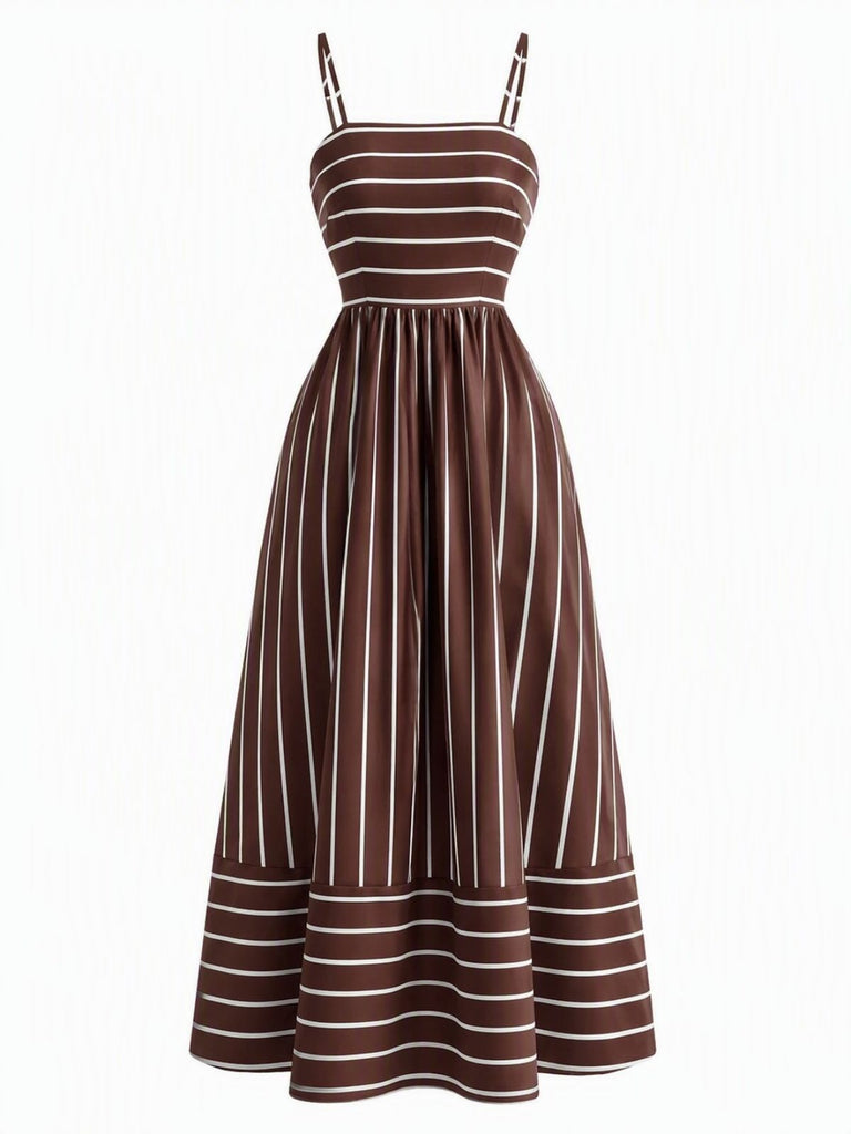 Abito Lungo Marrone Anni '30 a Righe Spalline Sottili Cut-out