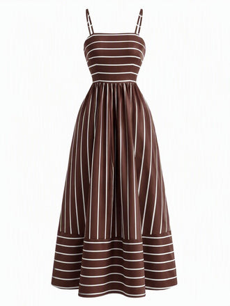 Abito Lungo Marrone Anni '30 a Righe Spalline Sottili Cut-out