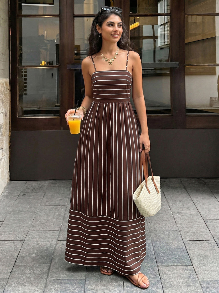 Abito Lungo Marrone Anni '30 a Righe Spalline Sottili Cut-out 2