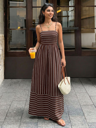 Abito Lungo Marrone Anni '30 a Righe Spalline Sottili Cut-out 2
