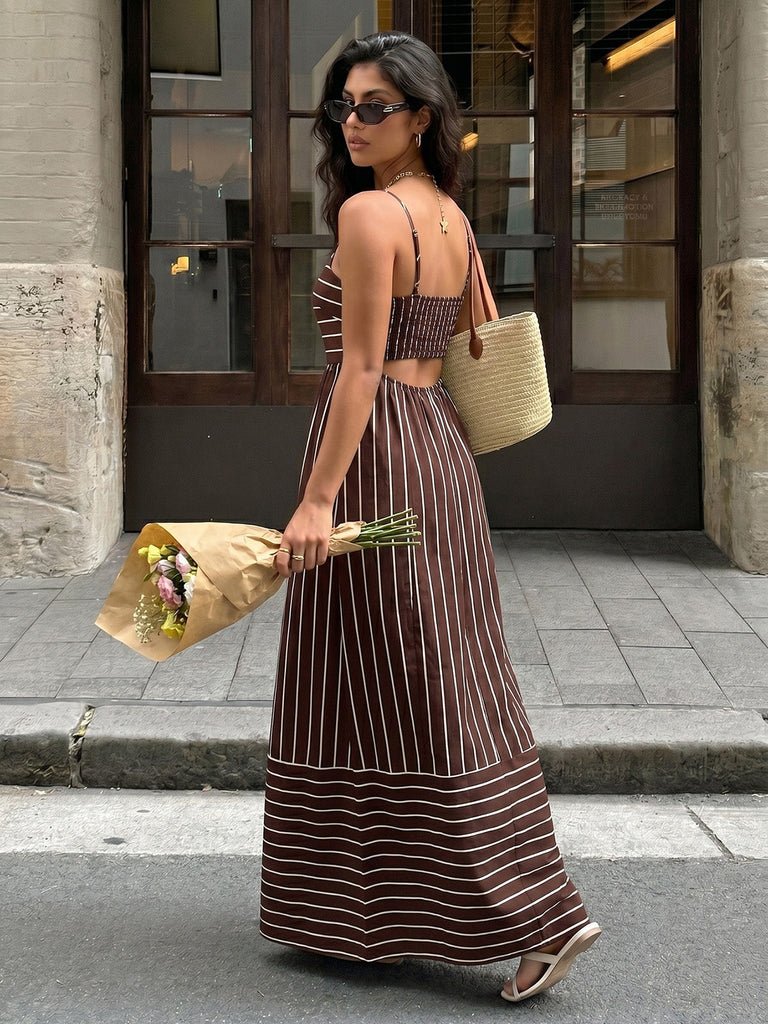 Abito Lungo Marrone Anni '30 a Righe Spalline Sottili Cut-out 3