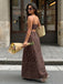Abito Lungo Marrone Anni '30 a Righe Spalline Sottili Cut-out 3