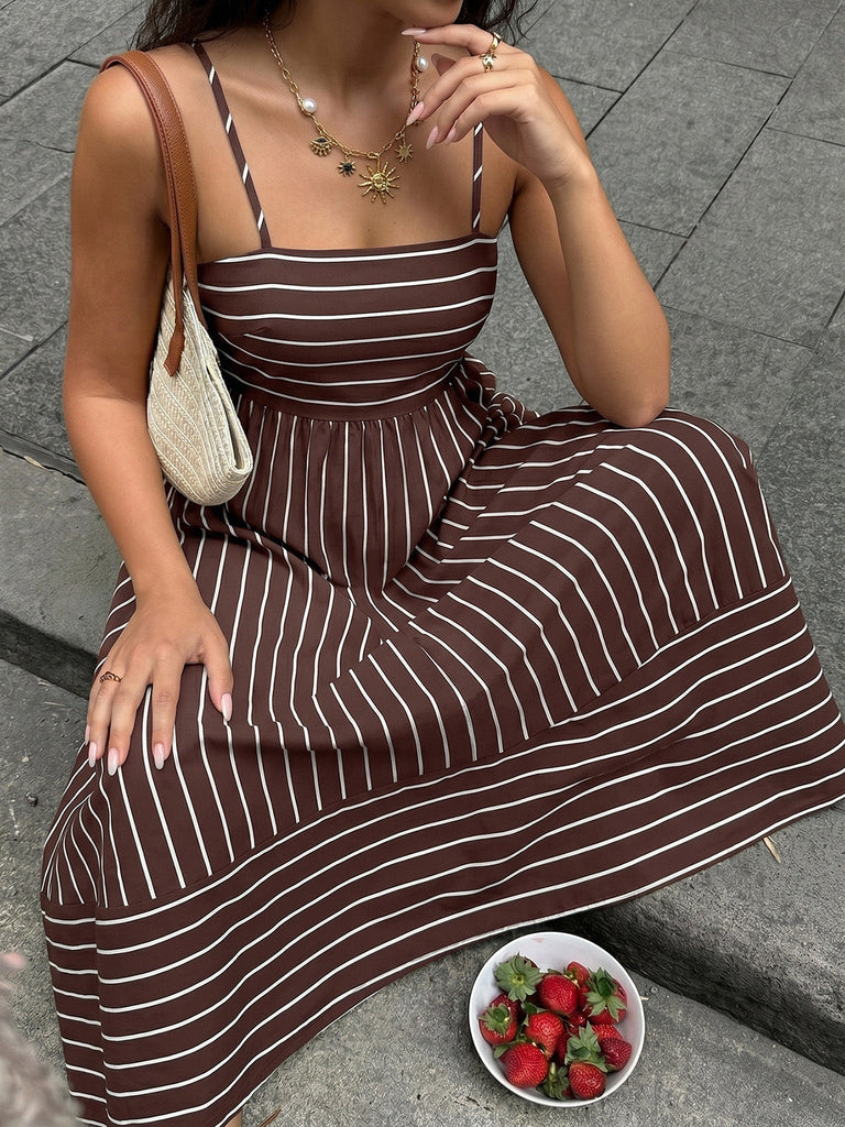 Abito Lungo Marrone Anni '30 a Righe Spalline Sottili Cut-out 4