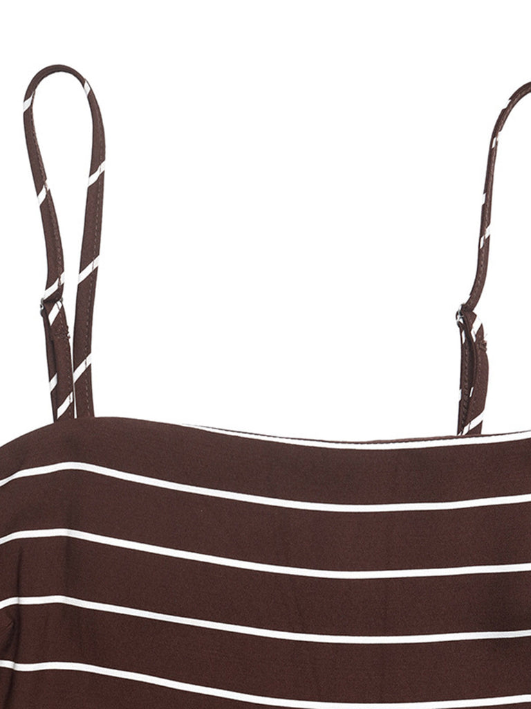 Abito Lungo Marrone Anni '30 a Righe Spalline Sottili Cut-out 5