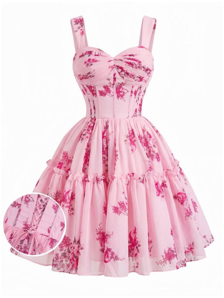 [Prevendita] Abito Tutu Rosa Anni '50 Floreale a Fiorellini Corsetto con Lacci Sul Retro