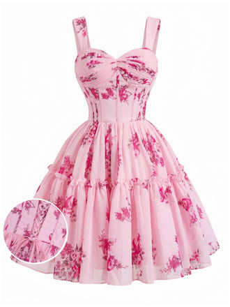 [Prevendita] Abito Tutu Rosa Anni '50 Floreale a Fiorellini Corsetto con Lacci Sul Retro