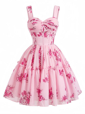 [Prevendita] Abito Tutu Rosa Anni '50 Floreale a Fiorellini Corsetto con Lacci Sul Retro 2