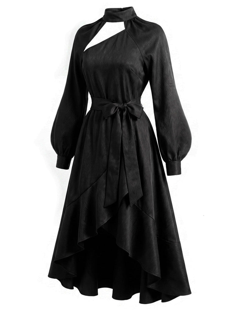 [Prevendita] 2PCS Abito Nero Anni '40 Gotico Asimmetrico con Fiocco e Strato Rimovibile 3