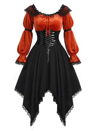 [Prevendita] Set Gonna e Top Arancione Anni '70 con Spalle Scoperte Orlo a Fazzoletto e Corsetto in Vita 2