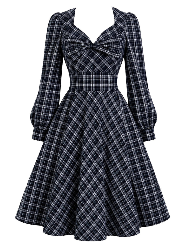 [Prevendita] Abito Blu Scuro Anni '50 a Quadri con Fiocco e Maniche Lunghe e Linea ad A 2
