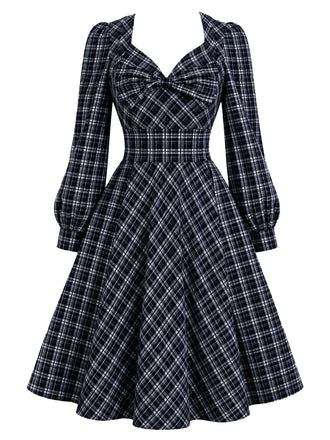 [Prevendita] Abito Blu Scuro Anni '50 a Quadri con Fiocco e Maniche Lunghe e Linea ad A 2
