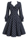 [Prevendita] Abito Blu Scuro Anni '50 a Quadri con Fiocco e Maniche Lunghe e Linea ad A 2