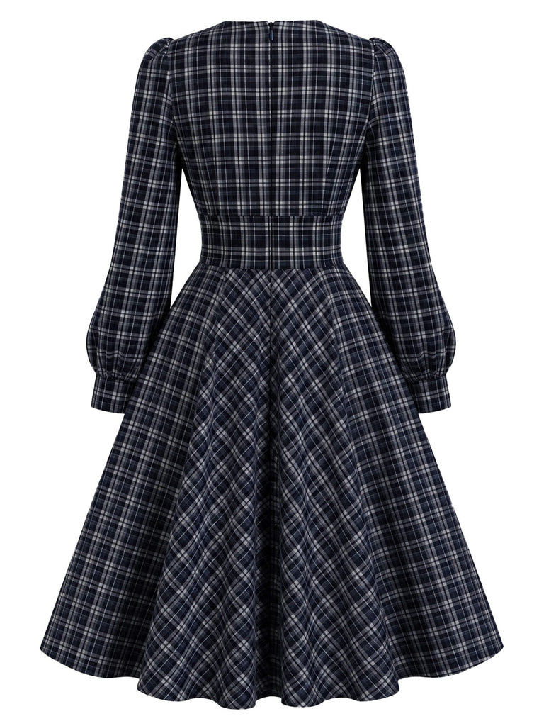 [Prevendita] Abito Blu Scuro Anni '50 a Quadri con Fiocco e Maniche Lunghe e Linea ad A 3