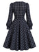 [Prevendita] Abito Blu Scuro Anni '50 a Quadri con Fiocco e Maniche Lunghe e Linea ad A 3